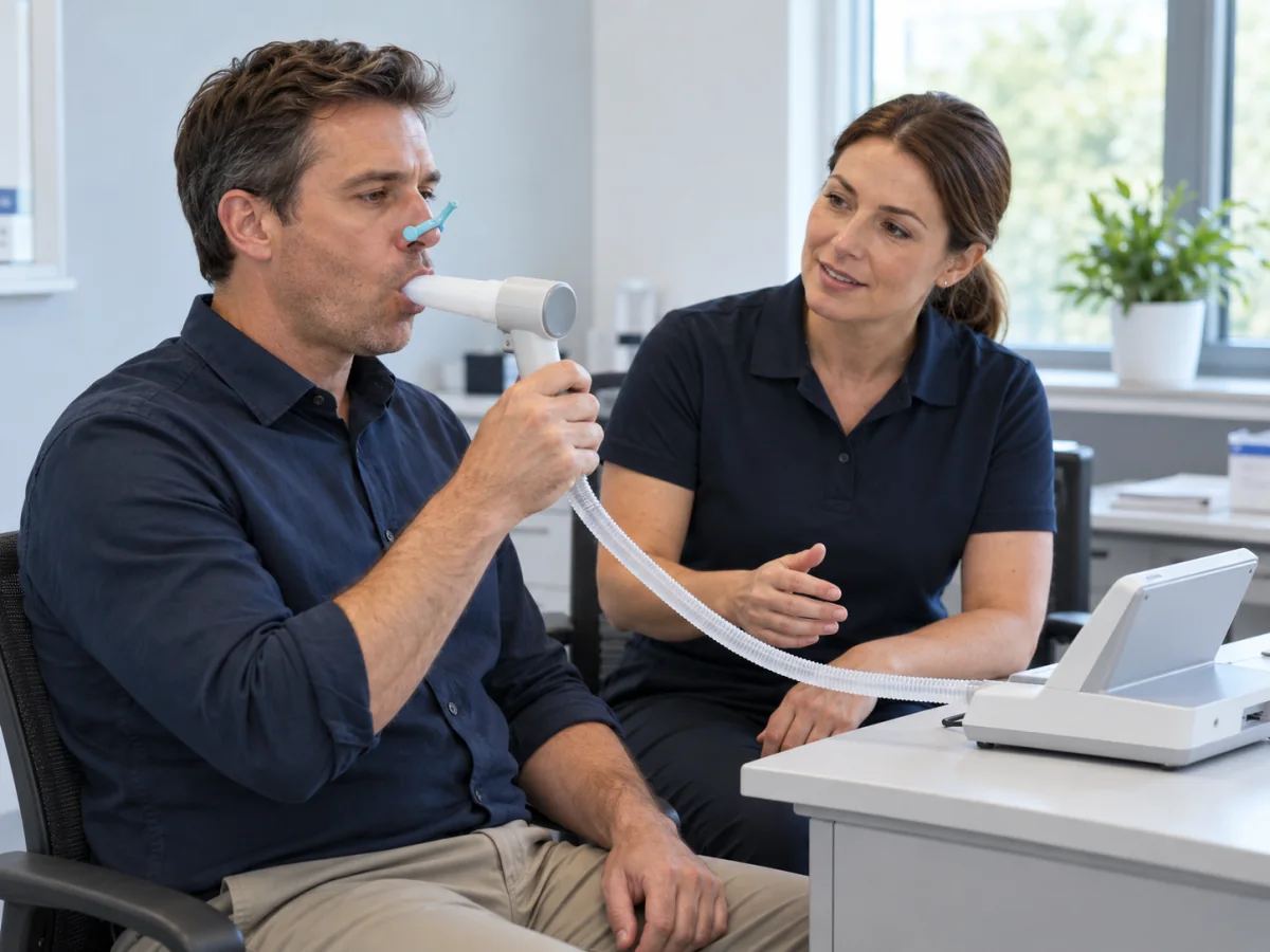 An employee completing a spirometry breathing test while an occupational-health clinician coaches them